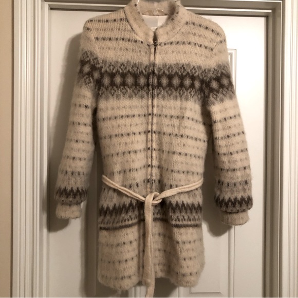 ALAFOSS ICEWOOL Ivory & Brown Virgin Wool Full-Zip Belted Sweater Coat-  Sz S - Picture 10 of 10